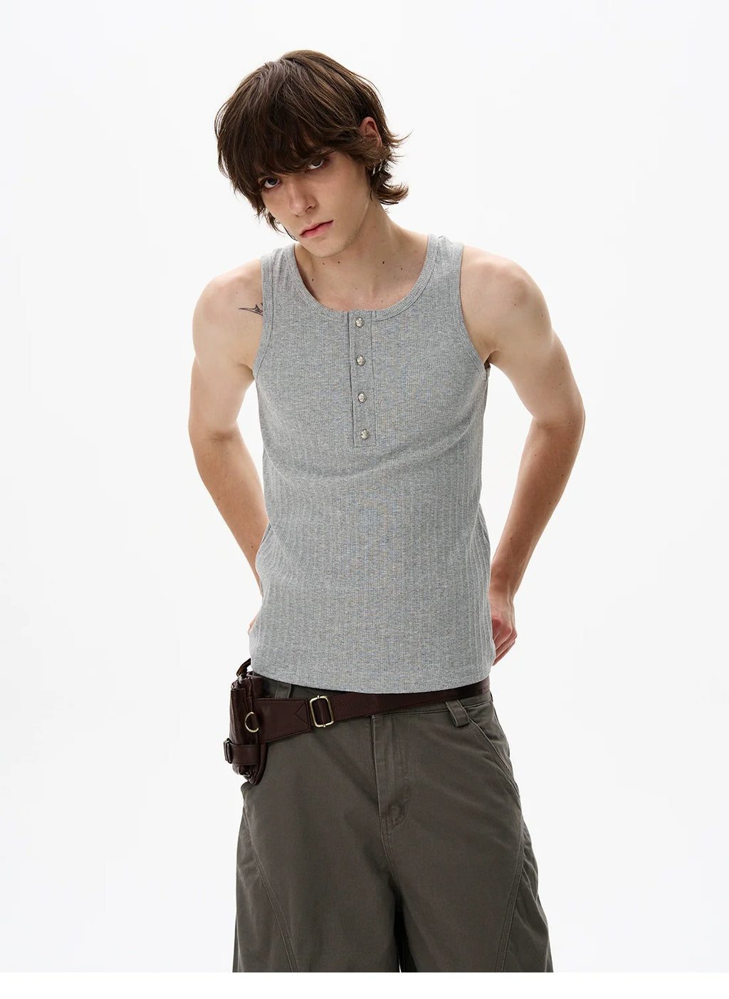 Textured Henley Collar Slim Fit Vest