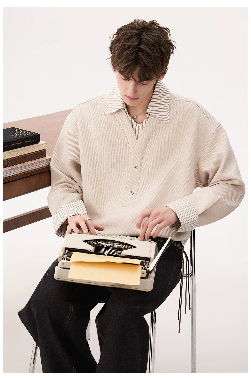 Striped Collar Faux Two-Piece Sweatshirt