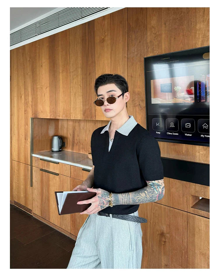 Contrast Collar Knit Polo Sweater