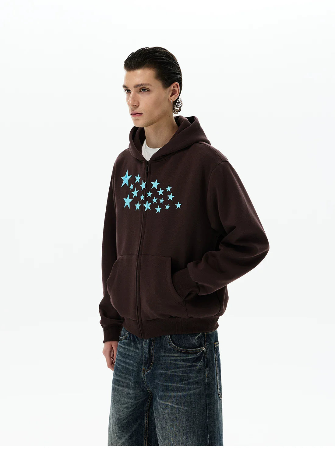 Star Print Zip Up Hooded Sweatshirt