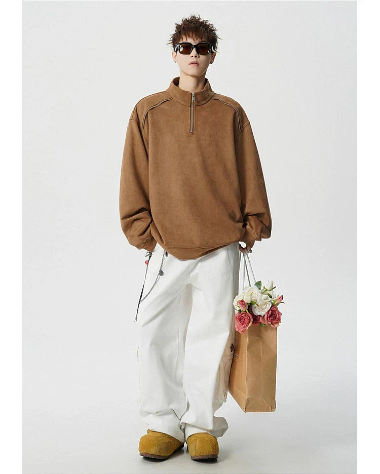 Suede Half-Zip Stand Collar Sweatshirt