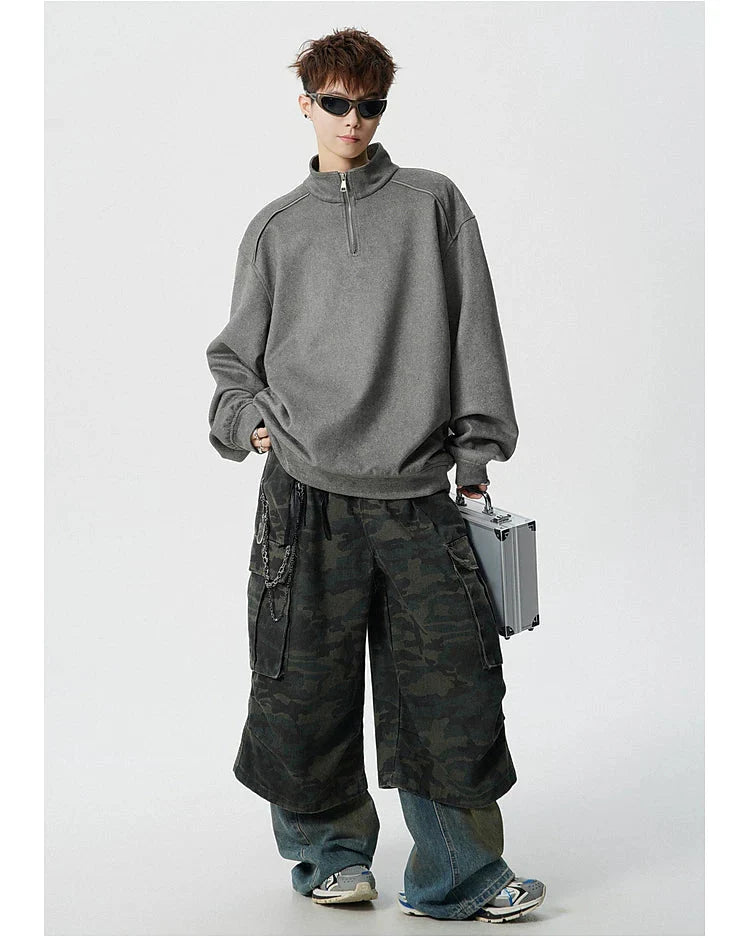 Suede Half-Zip Stand Collar Sweatshirt