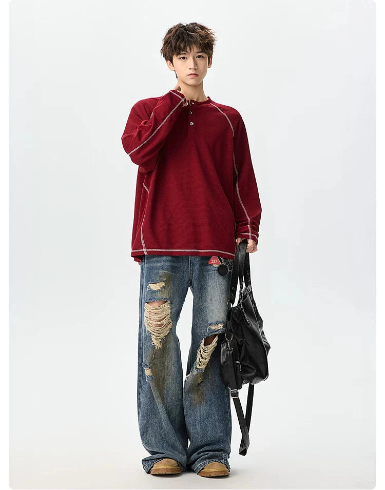 Textured Henley Long-Sleeve Sweatshirt