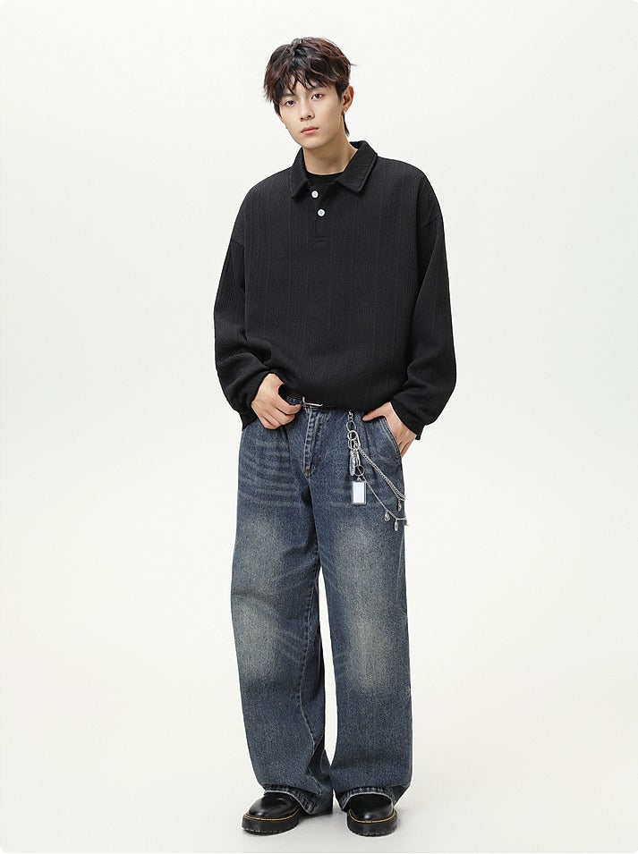 Textured Knit Polo Collar Sweatshirt
