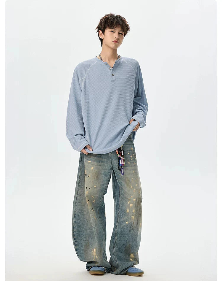 Textured Henley Long-Sleeve Sweatshirt
