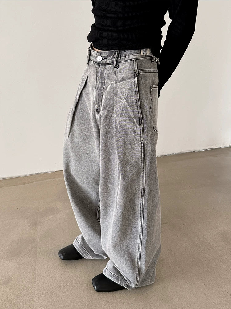 Adjustable Pleated Loose Wide-Leg Jeans