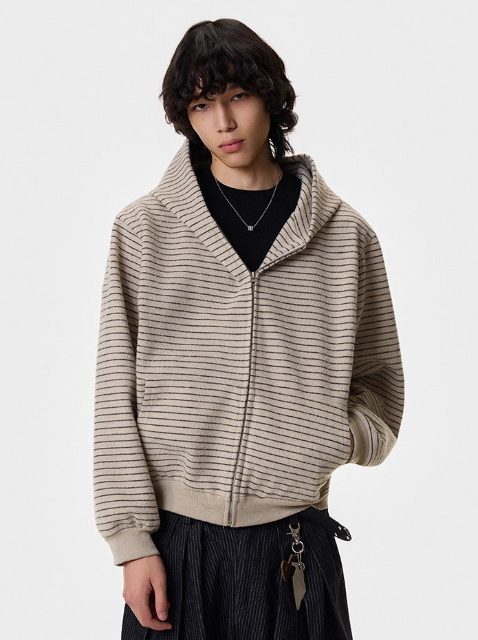 Wool Striped Hooded Zip Up Jacket