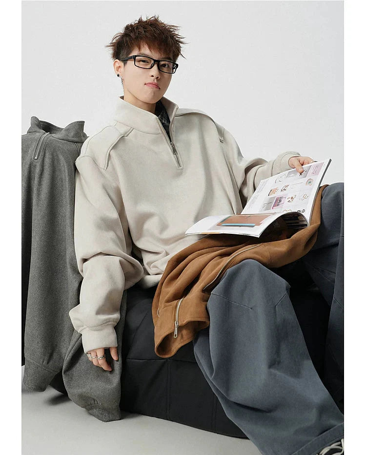 Suede Half-Zip Stand Collar Sweatshirt
