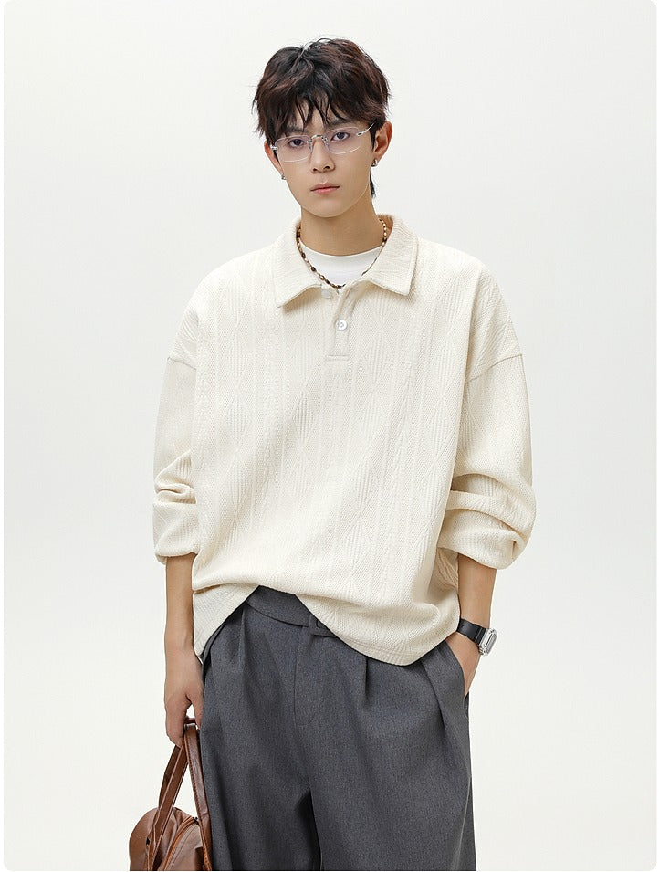 Textured Knit Polo Collar Sweatshirt