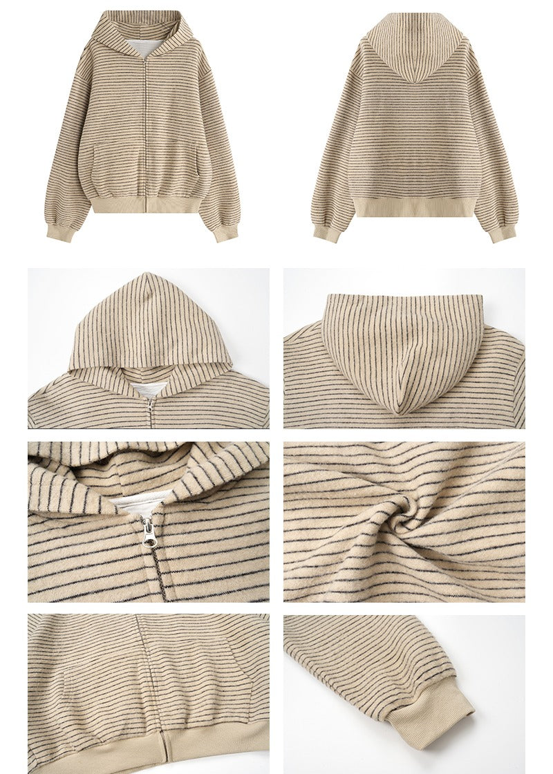 Wool Striped Hooded Zip Up Jacket