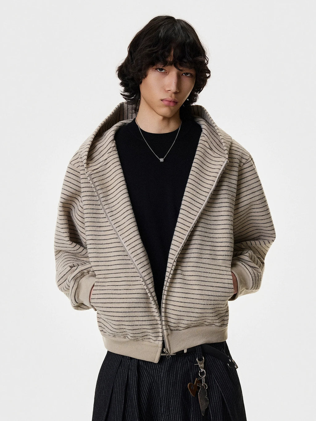 Wool Striped Hooded Zip Up Jacket