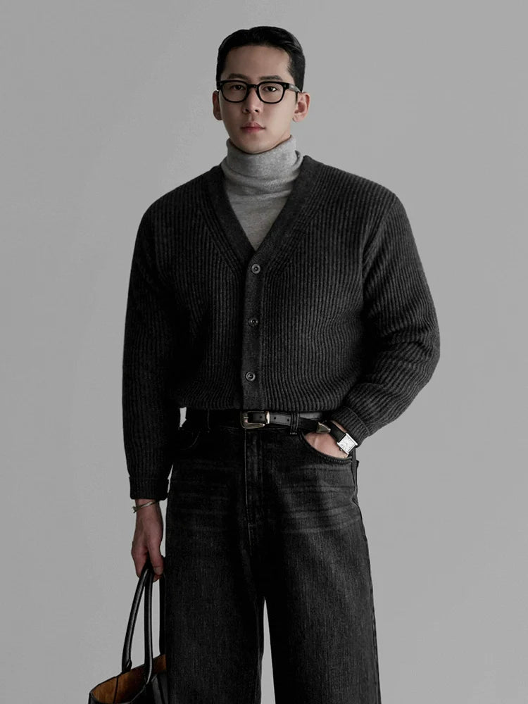 V-neck Ribbed Knit Cardigan Sweater