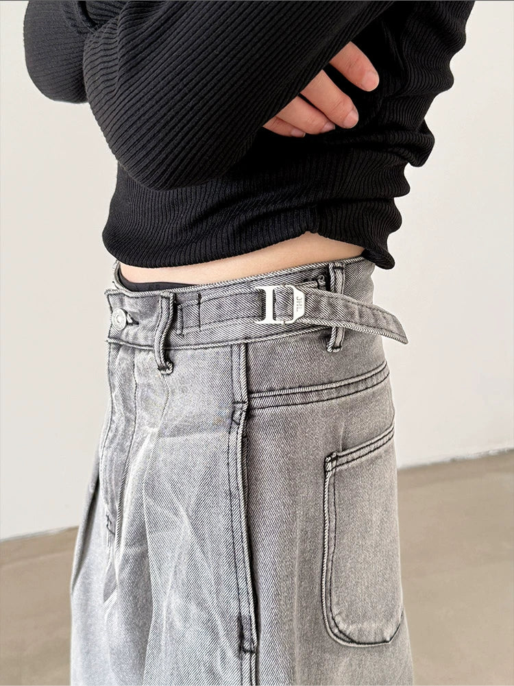 Adjustable Pleated Loose Wide-Leg Jeans