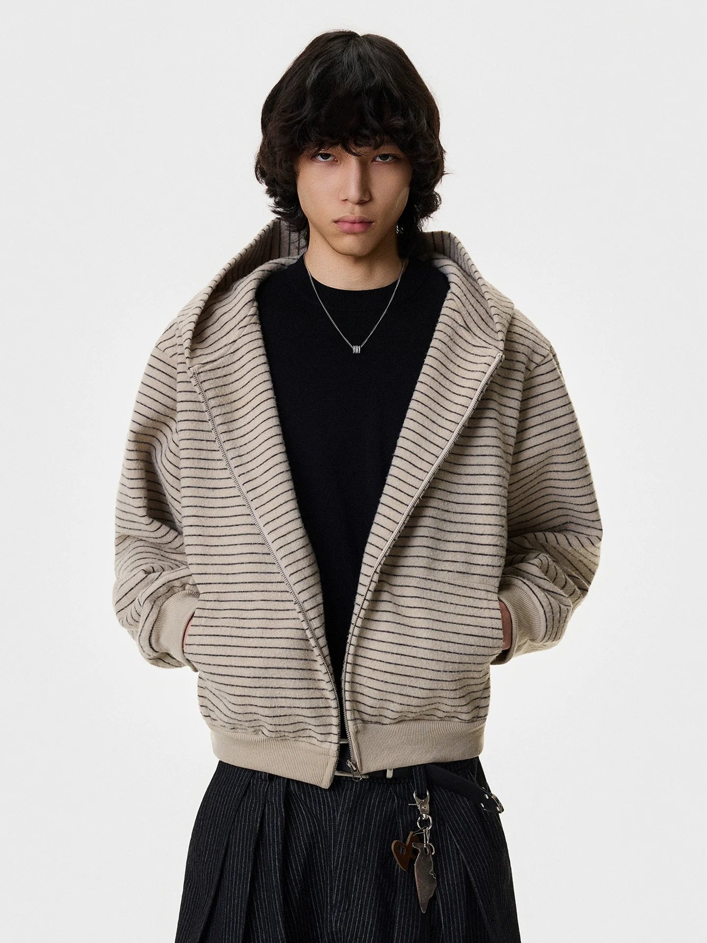 Wool Striped Hooded Zip Up Jacket