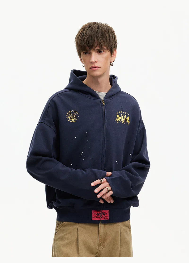 Distressed Boxing Graphic Zip-Up Hoodie