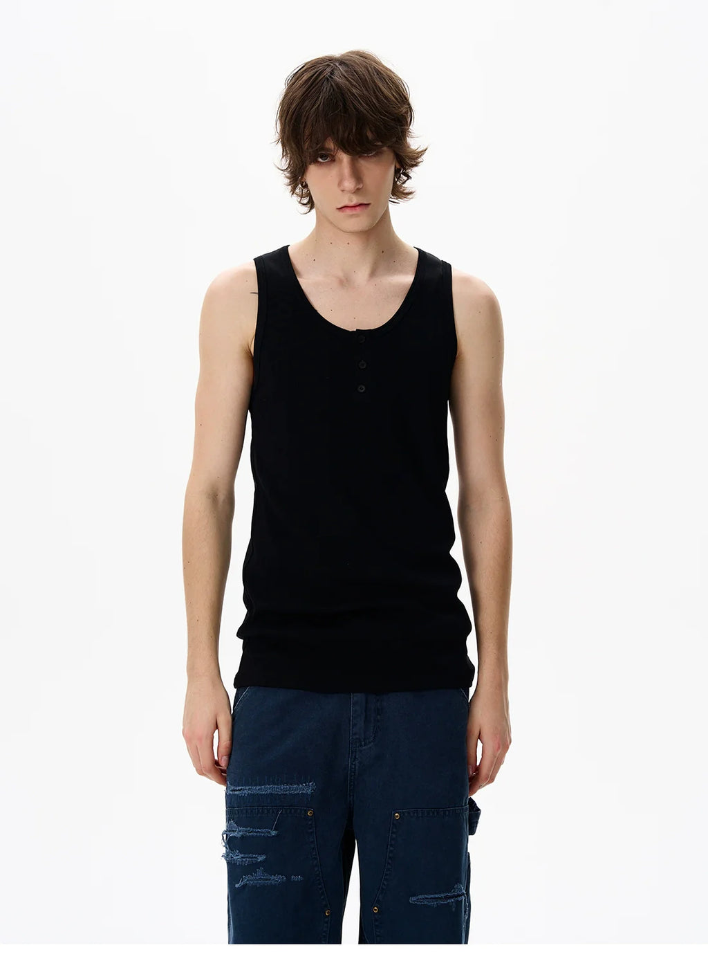 Textured Henley Collar Tank Top