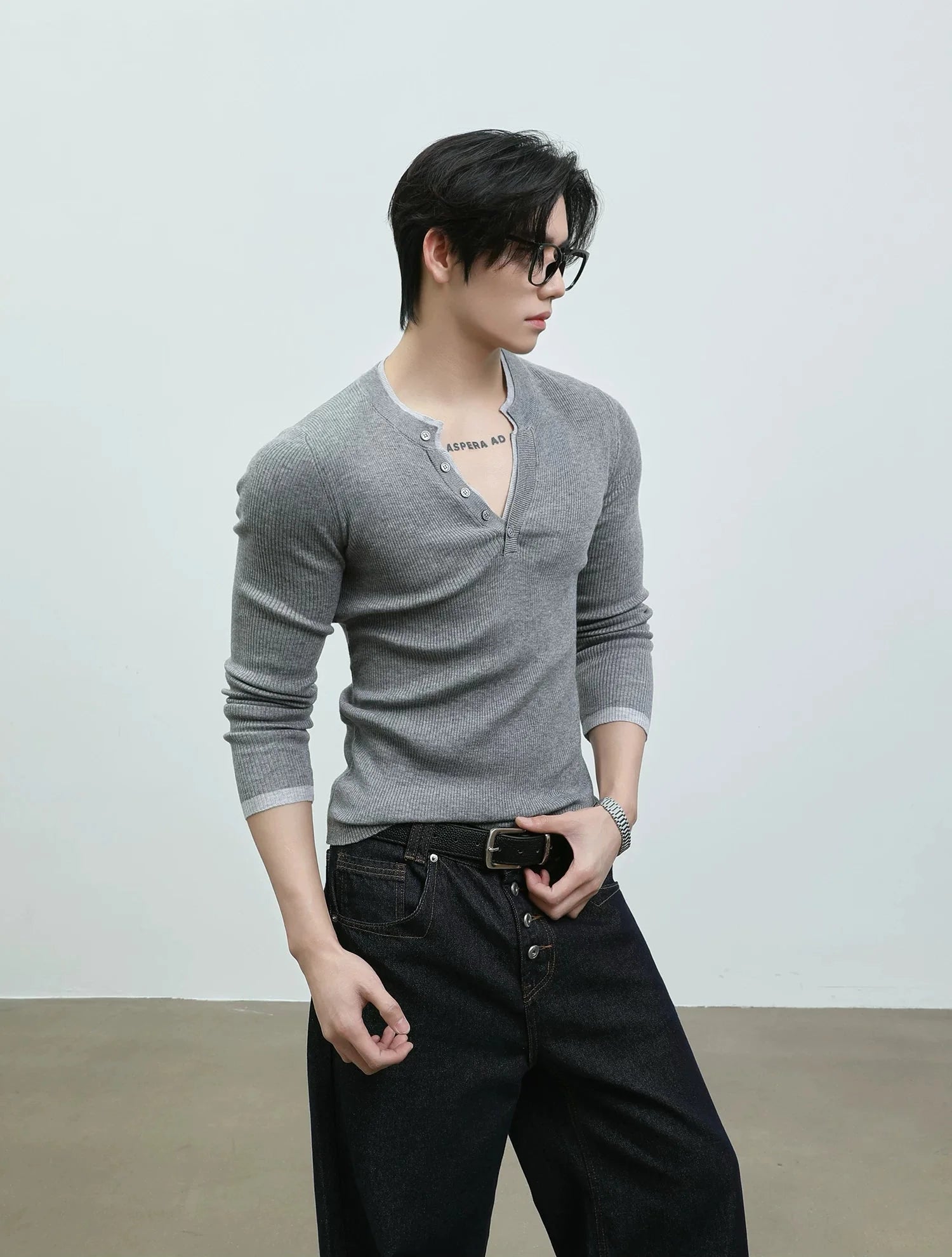 Slim Fit Ribbed Knit Henley Sweater