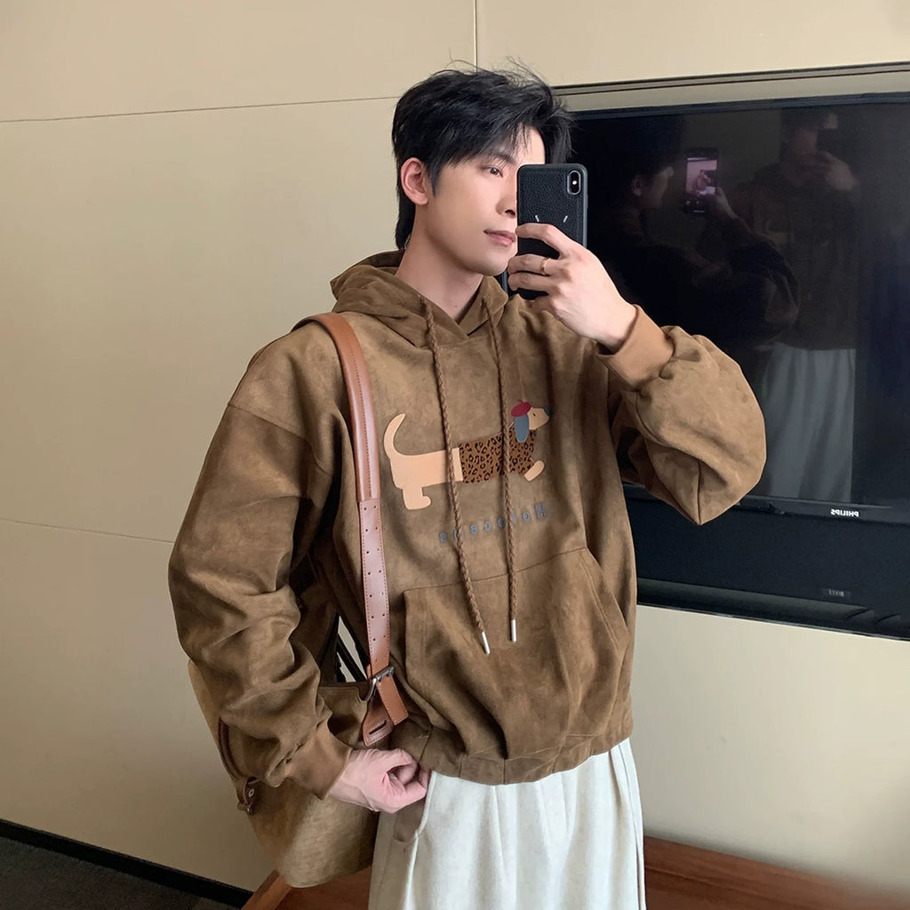 Suede Animal Graphic Hooded Sweatshirt