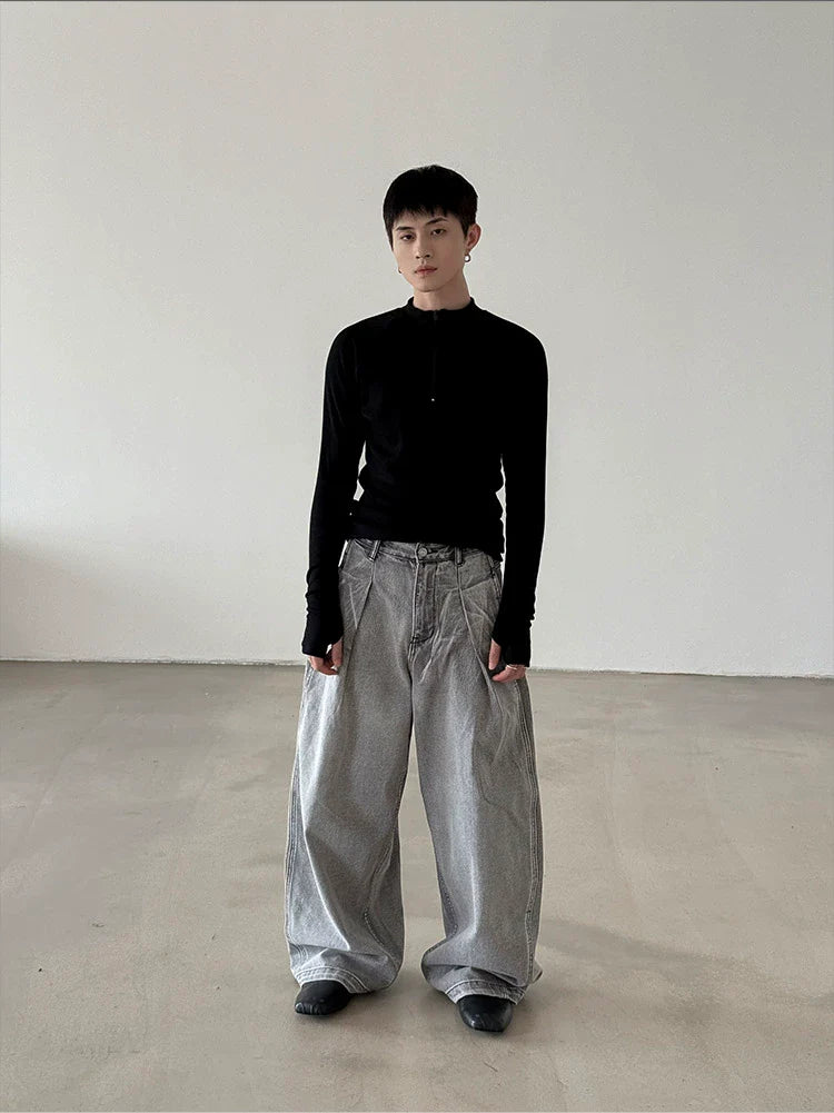 Adjustable Pleated Loose Wide-Leg Jeans
