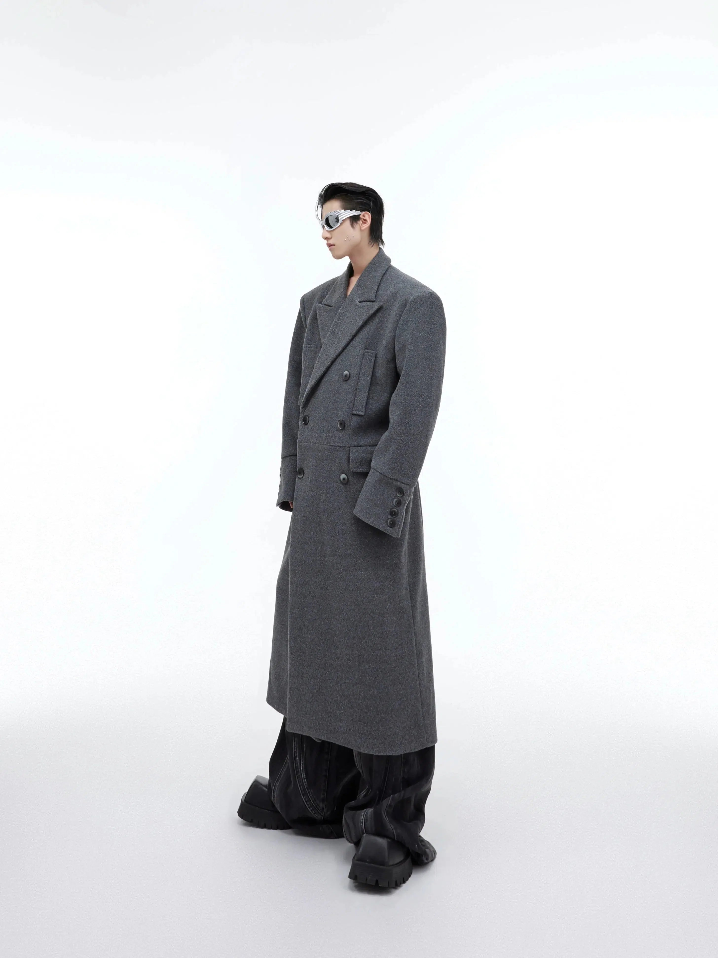 Wool Shoulder Pad Long Windbreaker