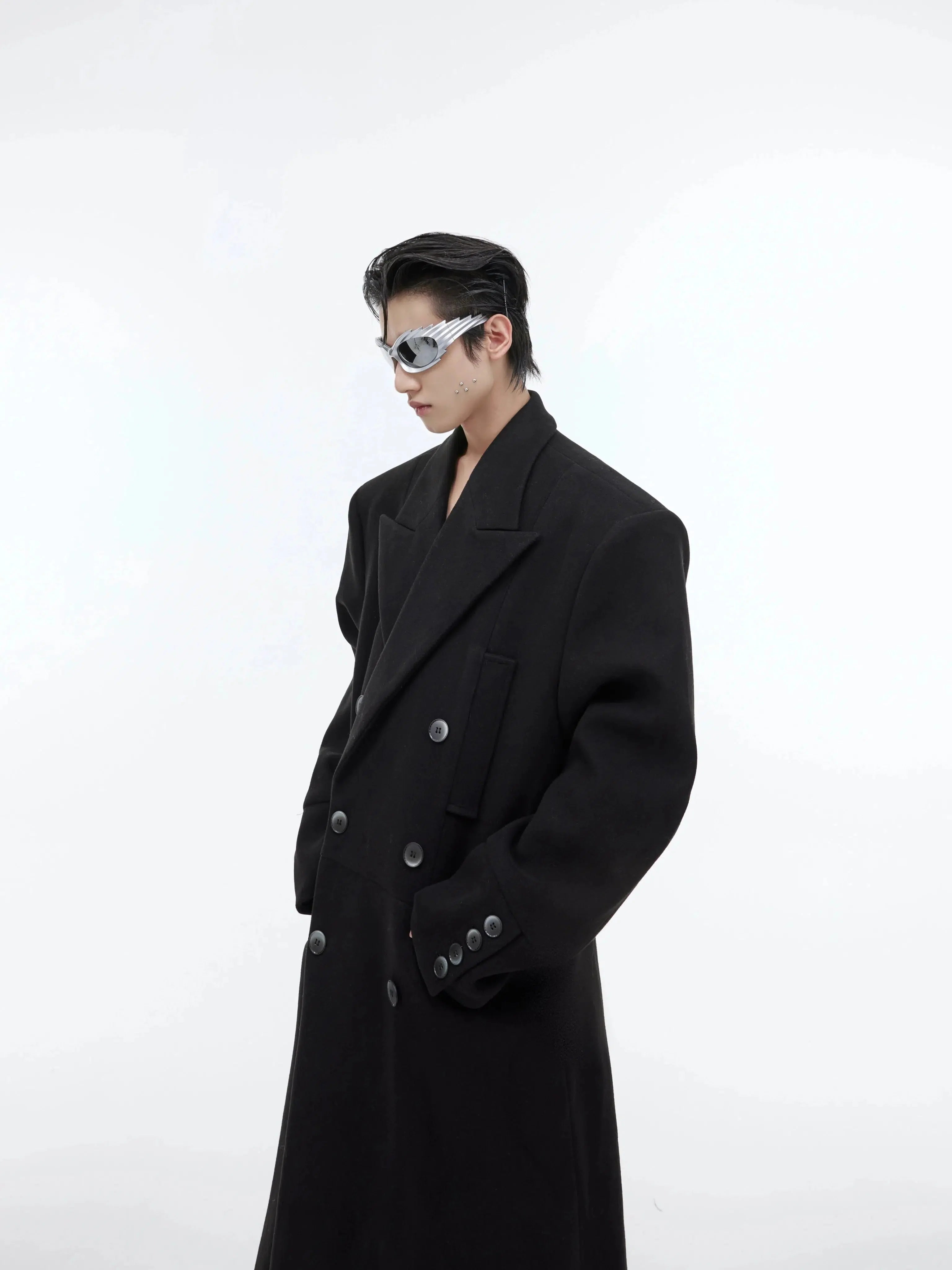 Wool Shoulder Pad Long Windbreaker