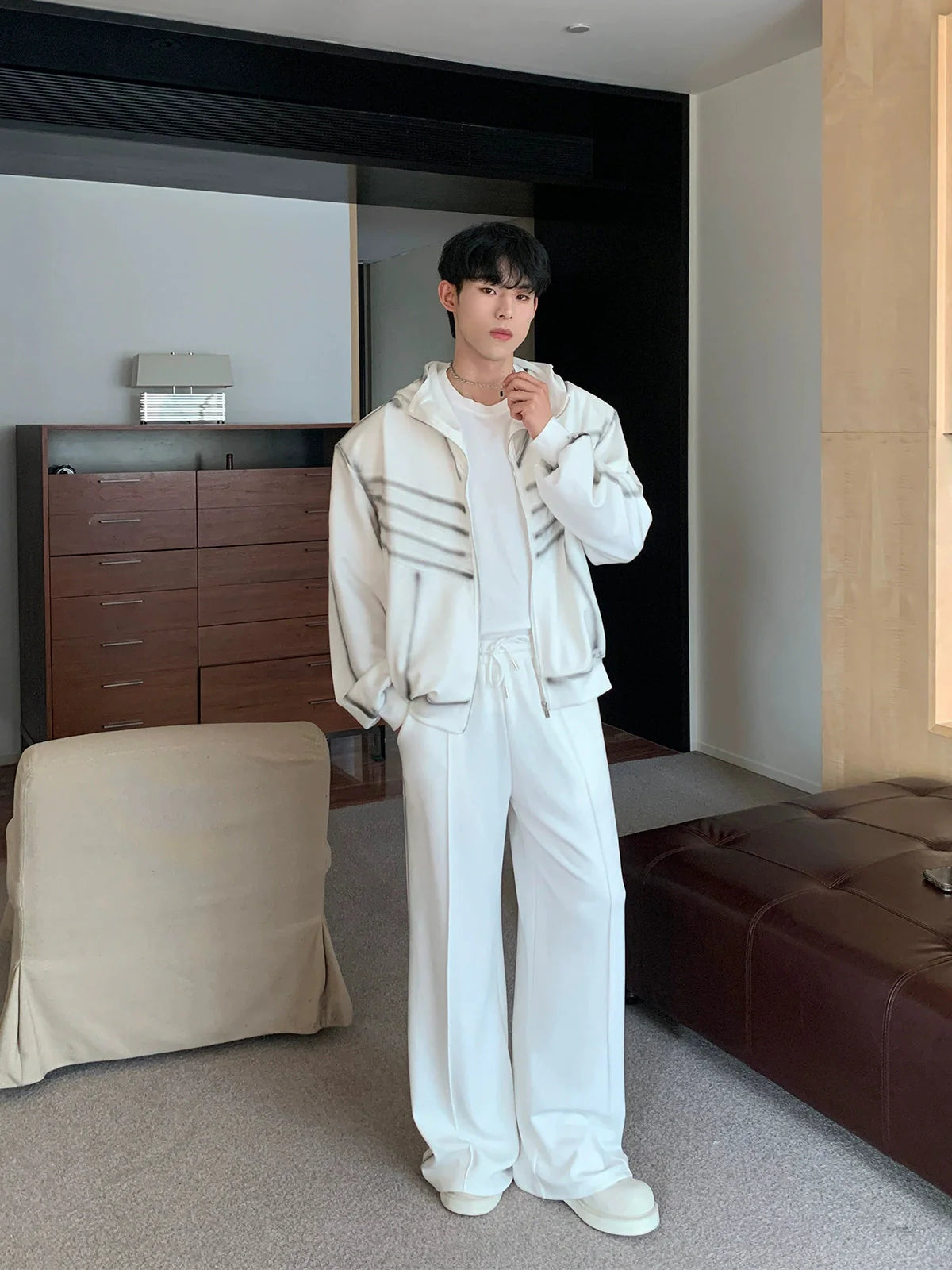 Zipper Hooded Jacket and Loose Straight Pants