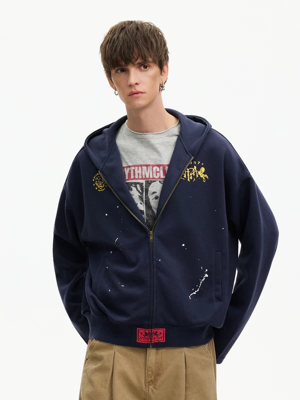 Distressed Boxing Graphic Zip-Up Hoodie