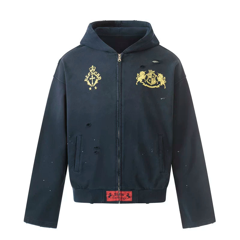 Distressed Boxing Graphic Zip-Up Hoodie