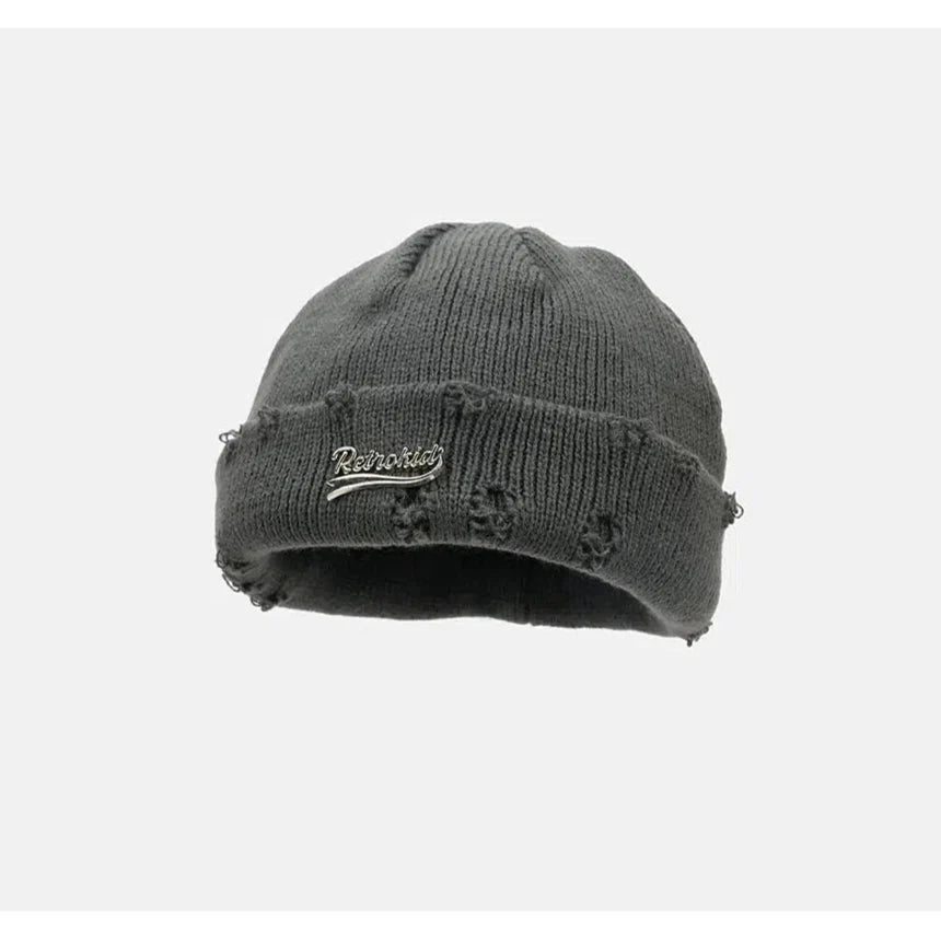 Hole Metal Letter Patch Knitted Wool Hat
