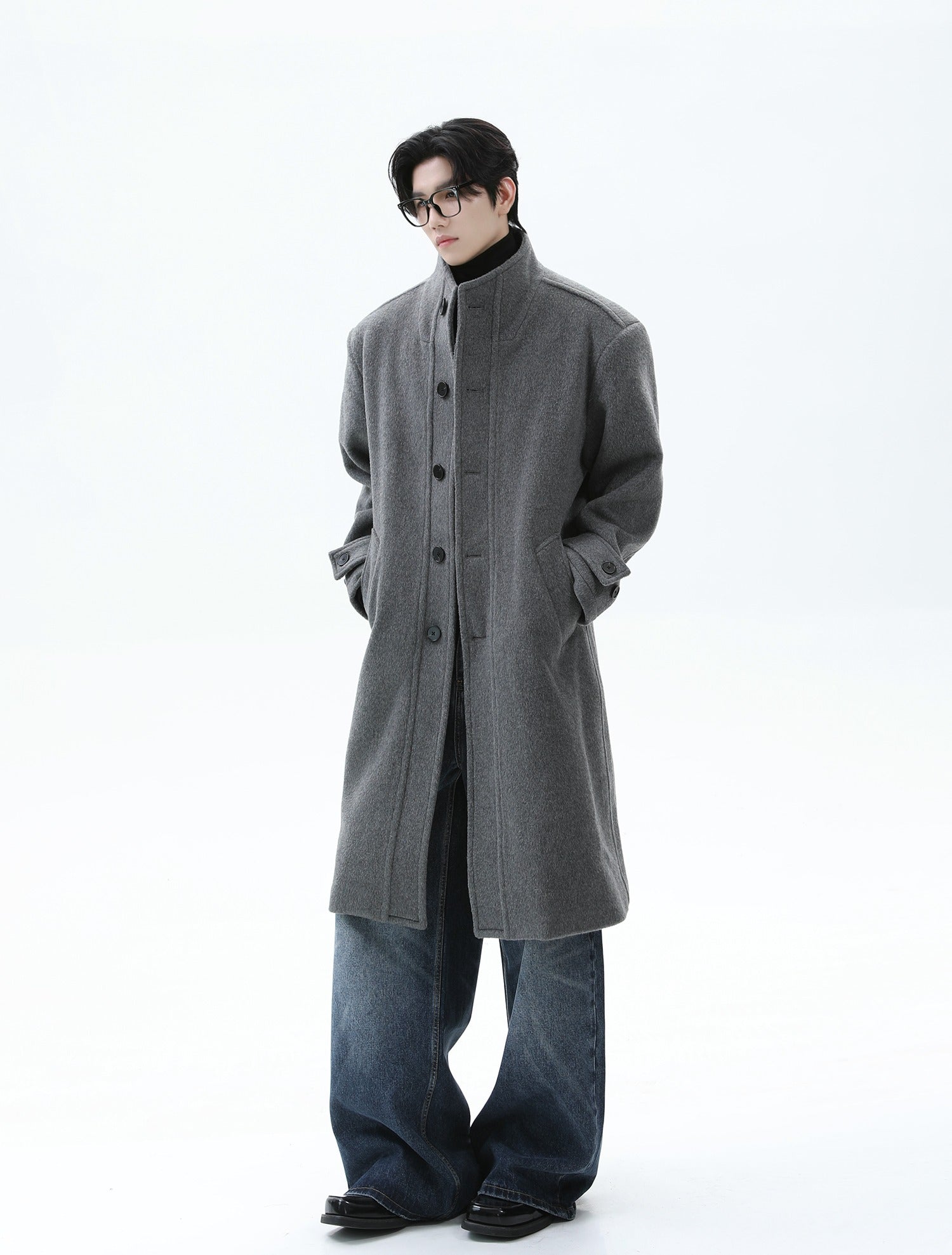 Wool Stand Collar Single-Breasted Overcoat