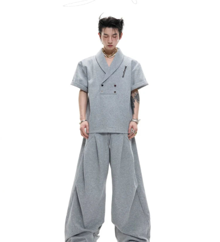 V-neck Short Sleeve Top and Pleated Pants