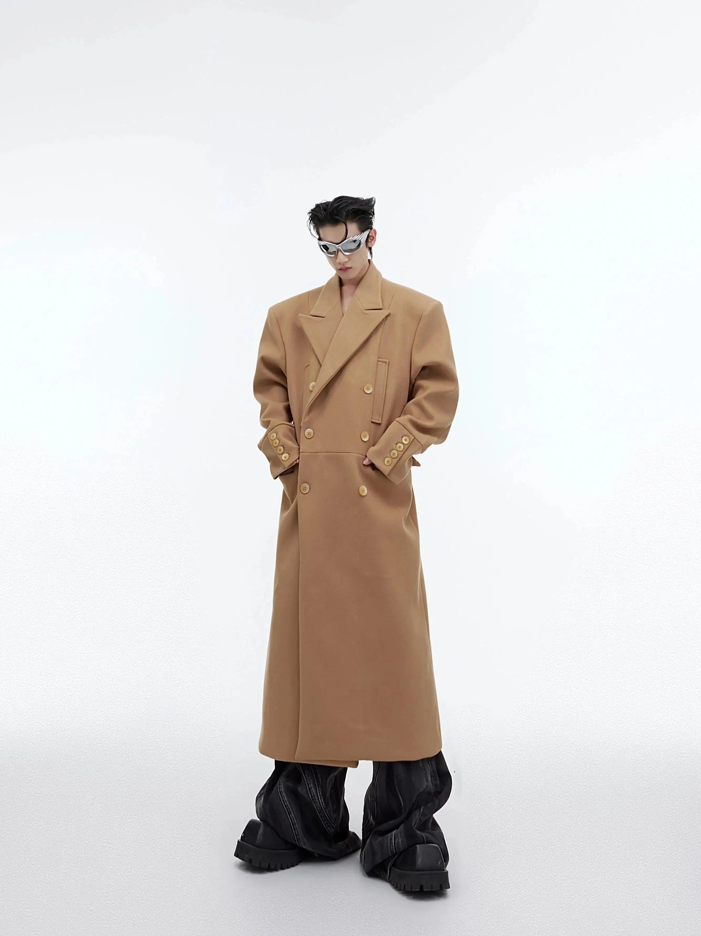 Wool Shoulder Pad Long Windbreaker