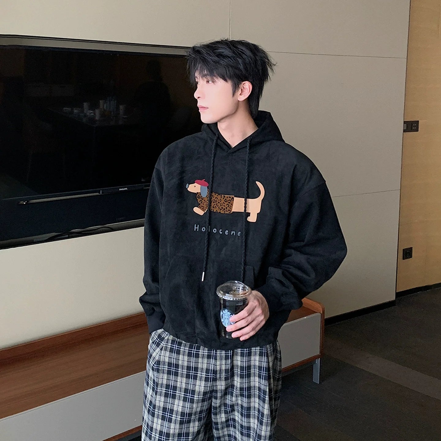 Suede Animal Graphic Hooded Sweatshirt