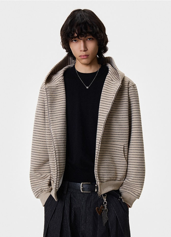 Wool Striped Hooded Zip Up Jacket