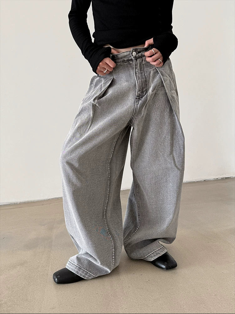 Adjustable Pleated Loose Wide-Leg Jeans