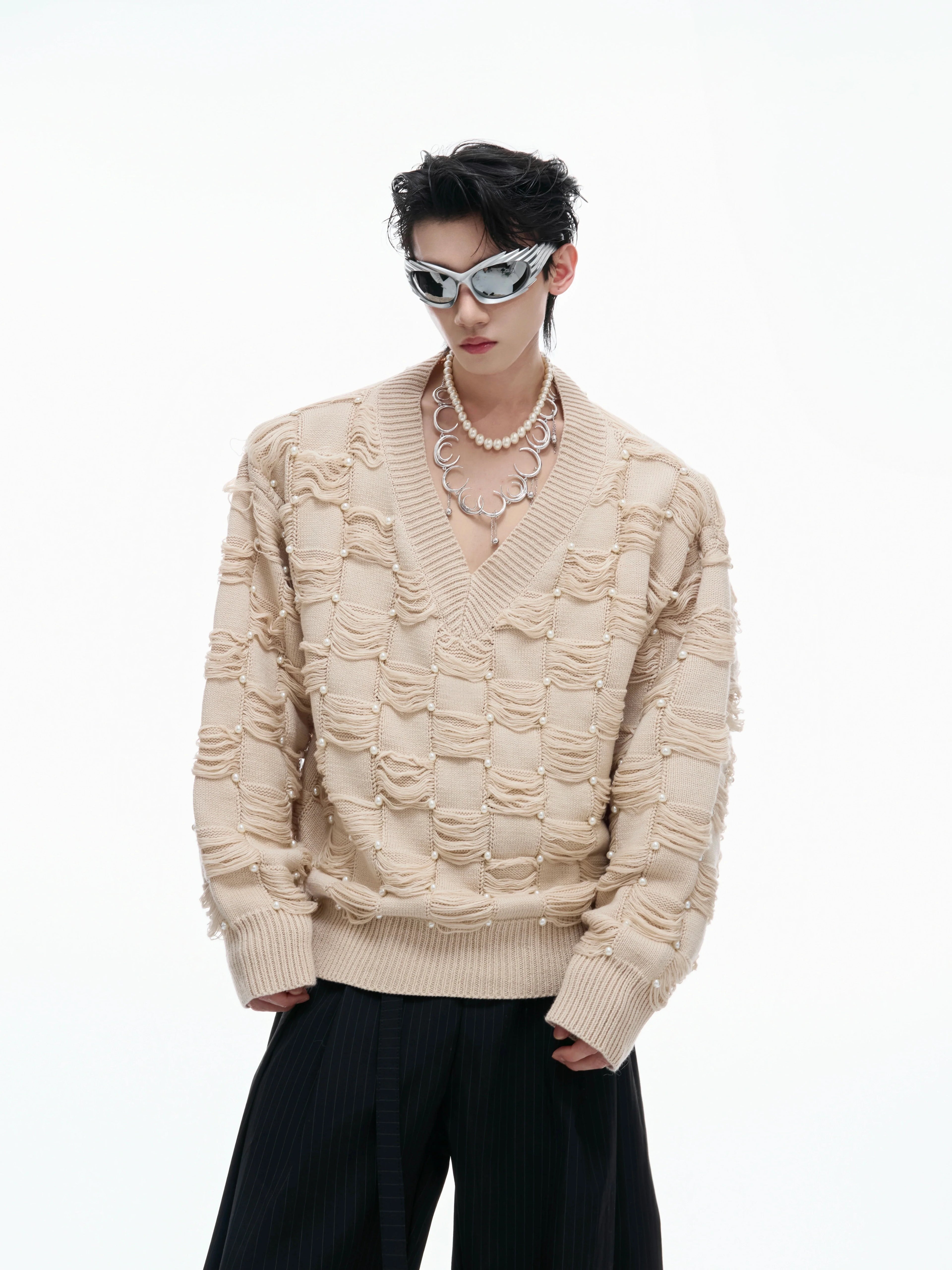 Pearl Embellished V-Neck Sweater