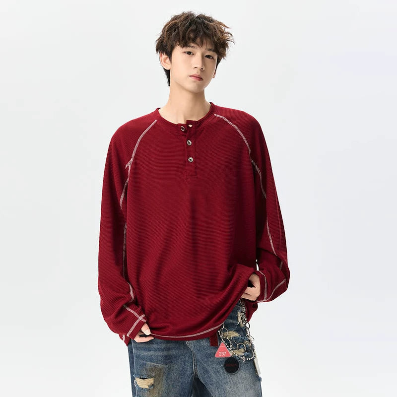 Textured Henley Long-Sleeve Sweatshirt