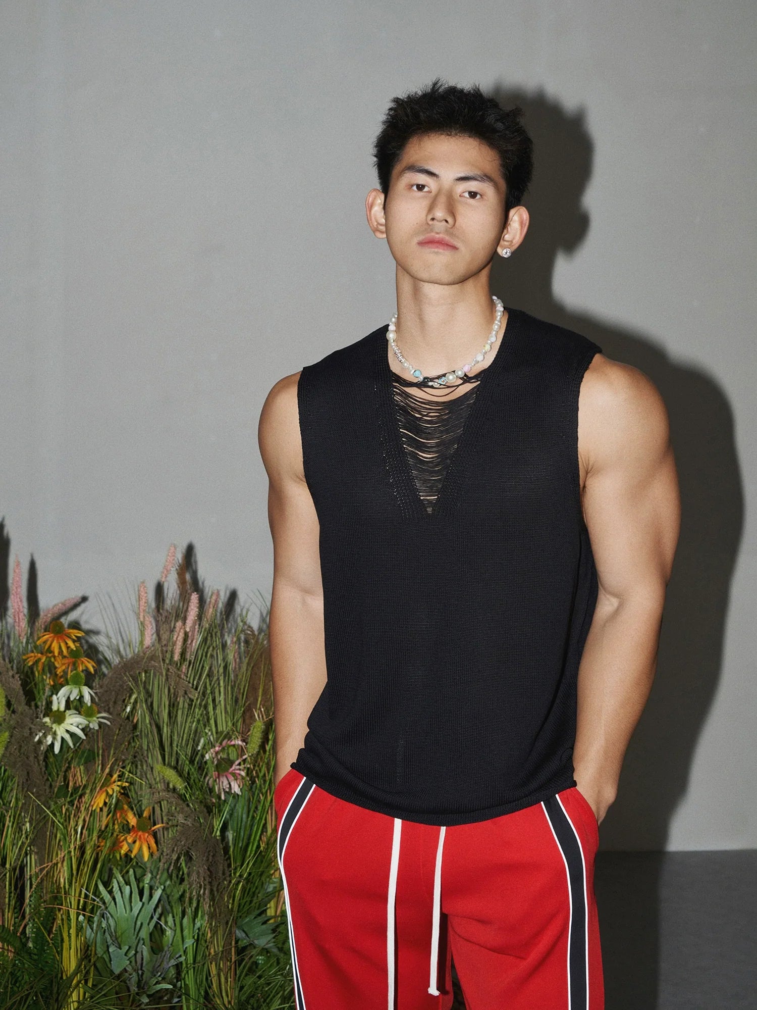 Woolen Distressed V-Neck Knitted Vest