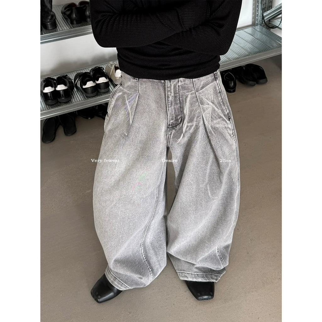 Adjustable Pleated Loose Wide-Leg Jeans