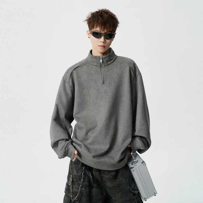 Suede Half-Zip Stand Collar Sweatshirt