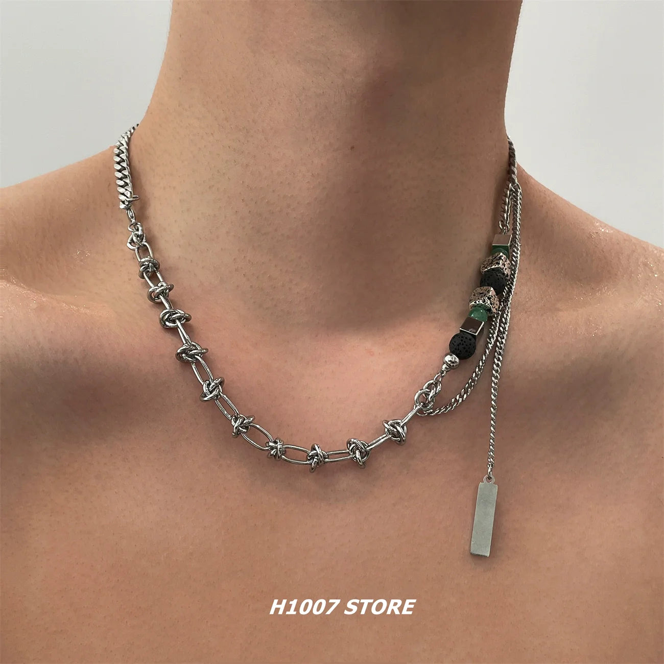 Volcanic Stone Cube Beaded Chain Necklace