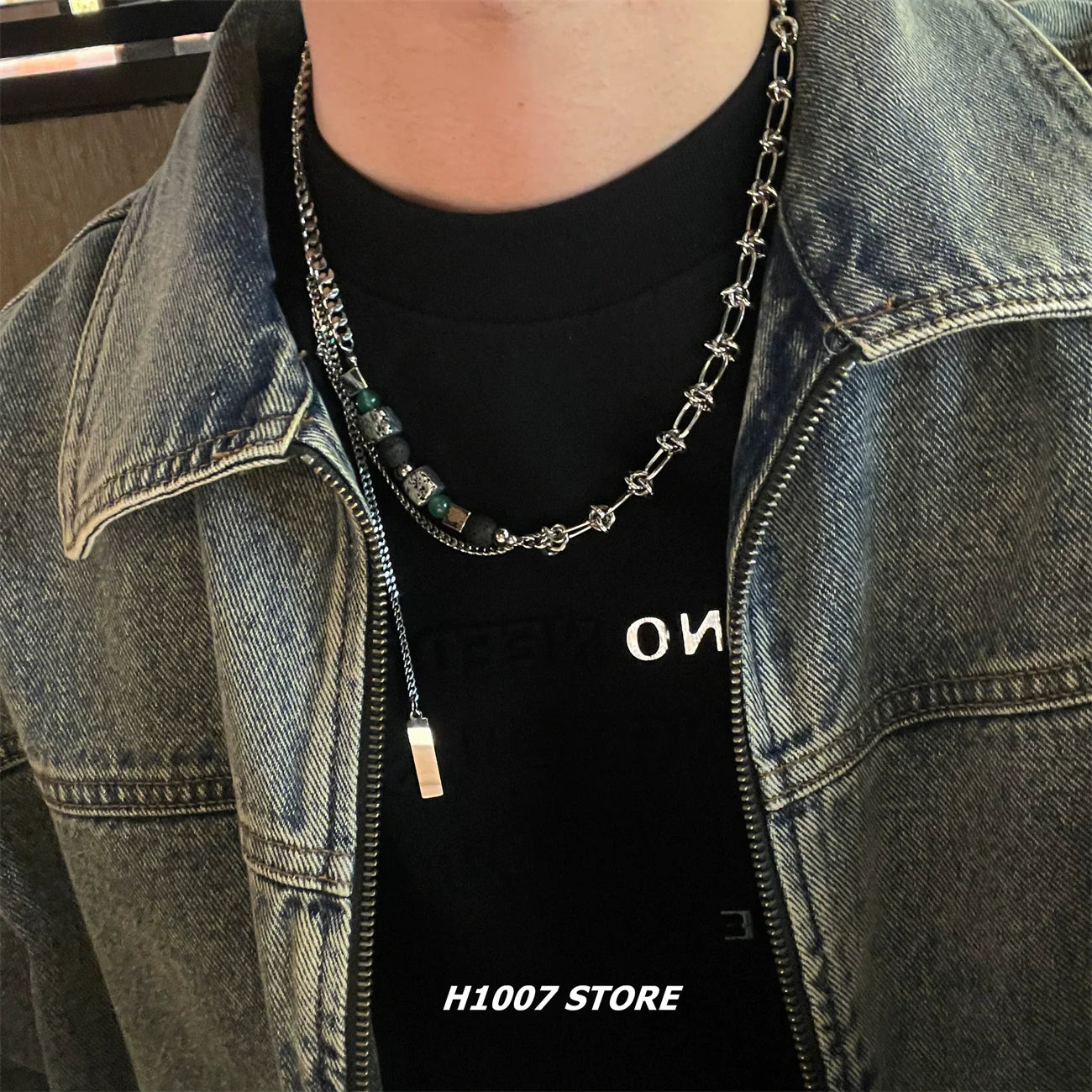 Volcanic Stone Cube Beaded Chain Necklace