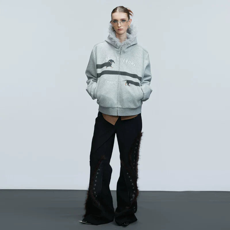 Fur Collar Hooded Sweatshirt Cardigan