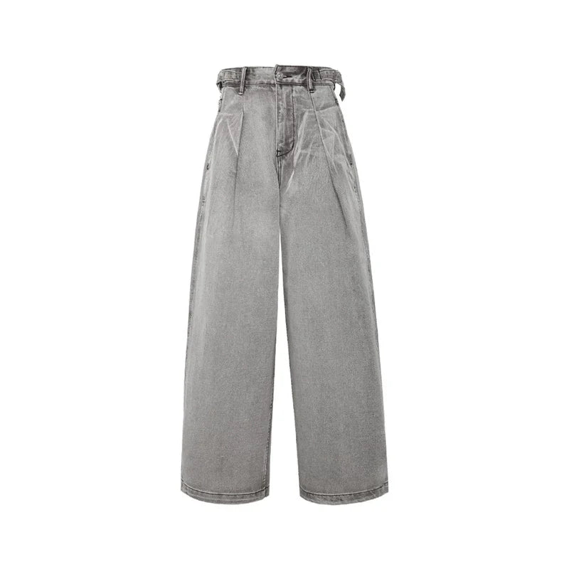 Adjustable Pleated Loose Wide-Leg Jeans
