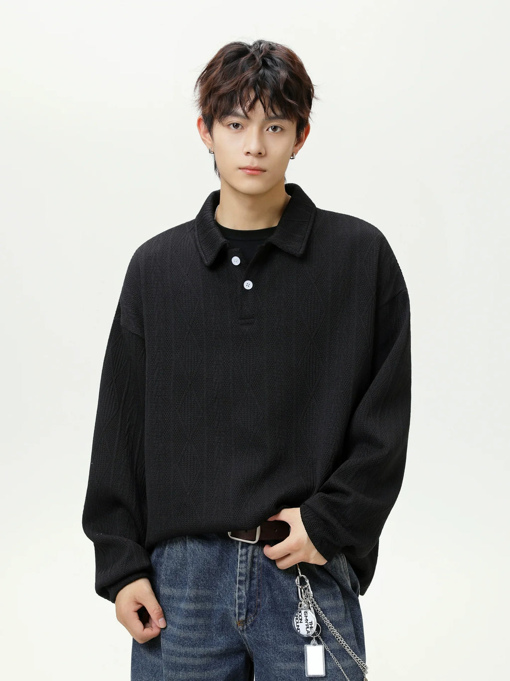 Textured Knit Polo Collar Sweatshirt