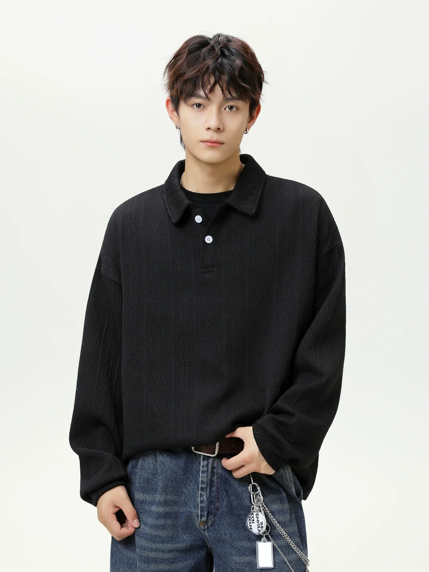 Textured Knit Polo Collar Sweatshirt