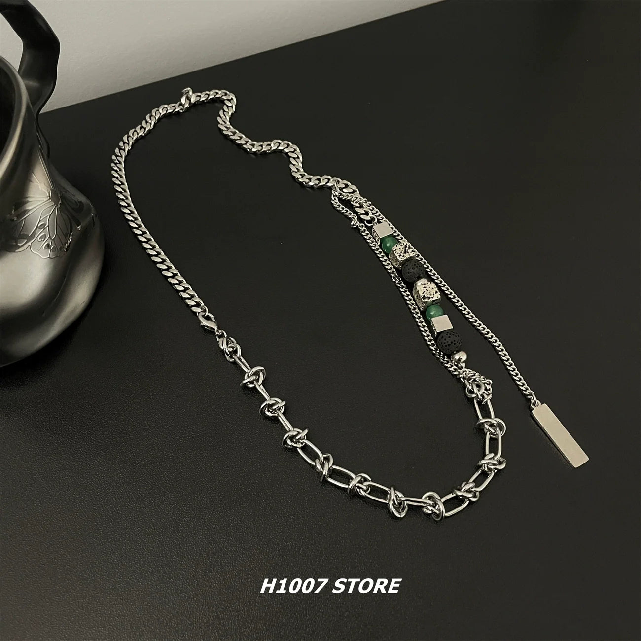 Volcanic Stone Cube Beaded Chain Necklace