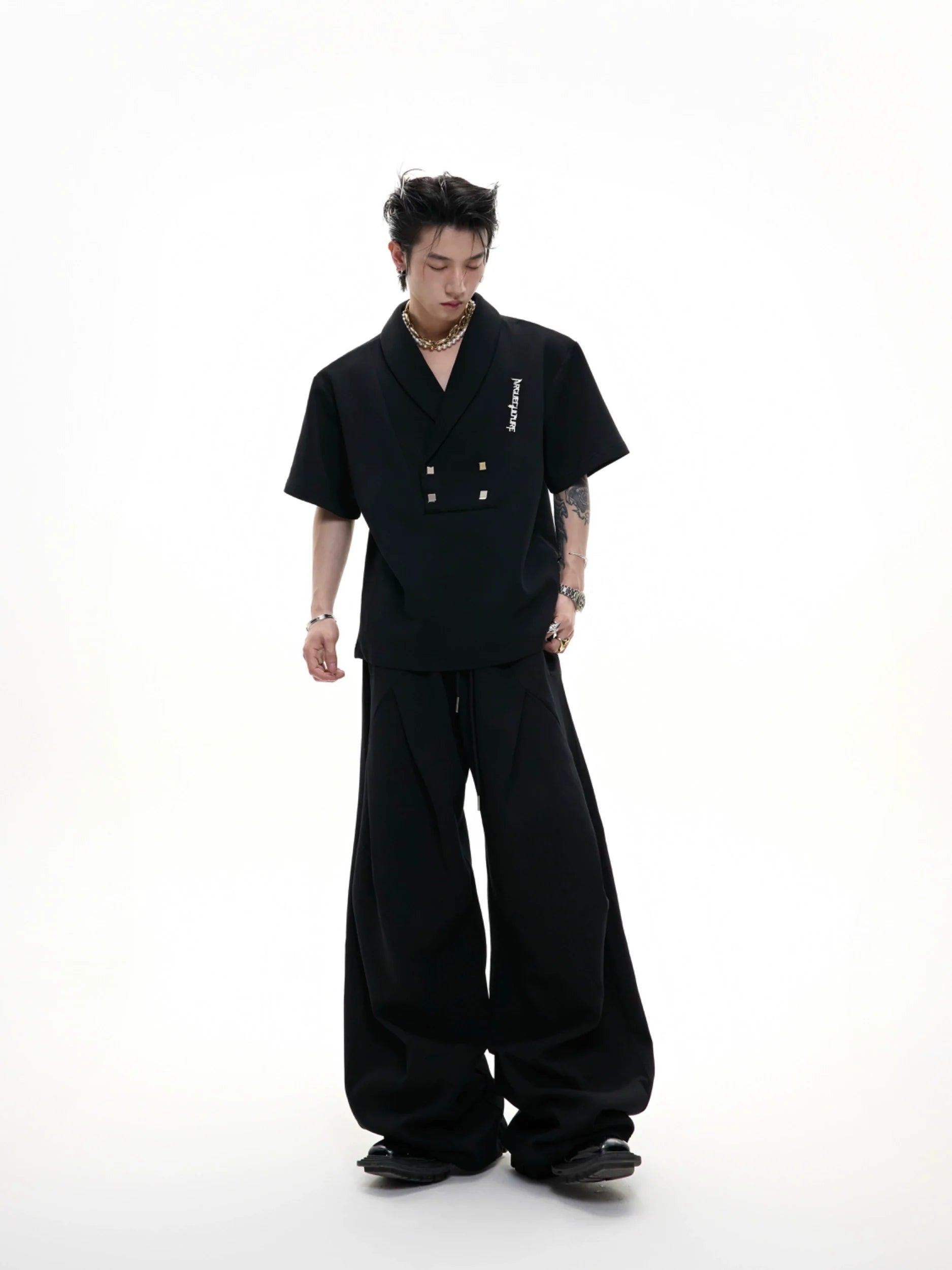 V-neck Short Sleeve Top and Pleated Pants
