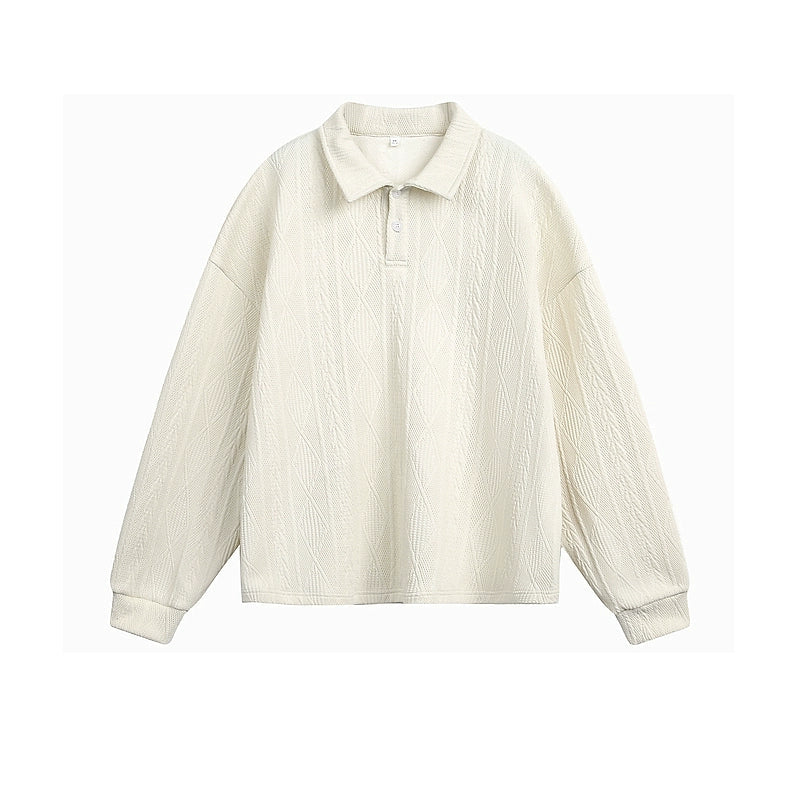 Textured Knit Polo Collar Sweatshirt