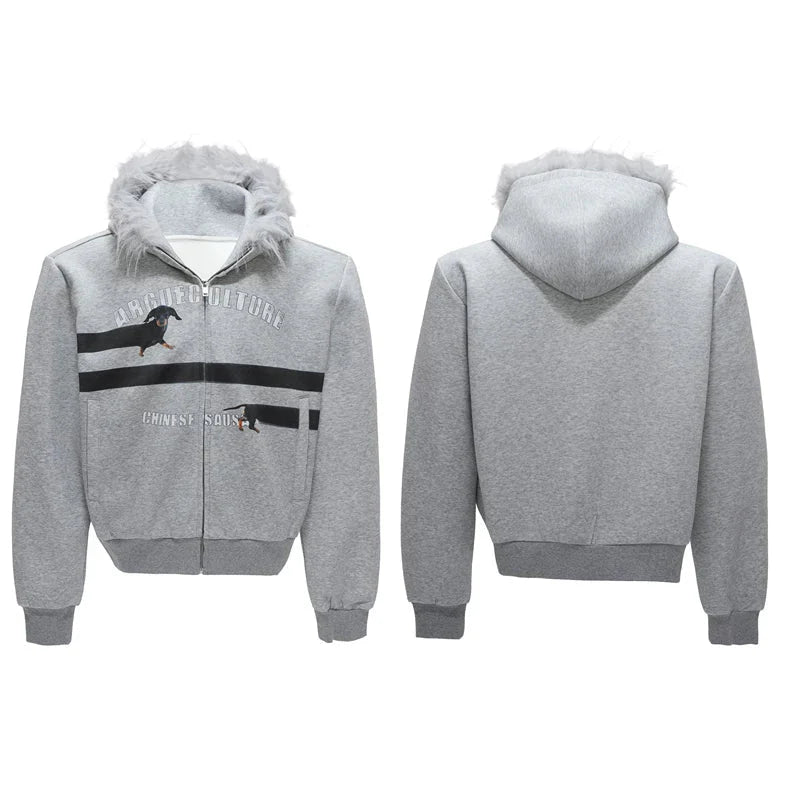 Fur Collar Hooded Sweatshirt Cardigan